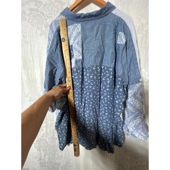 American Eagle Button Up Large Denim Look Floral Patchwork Cotton Linen - Picture 10 of 10
